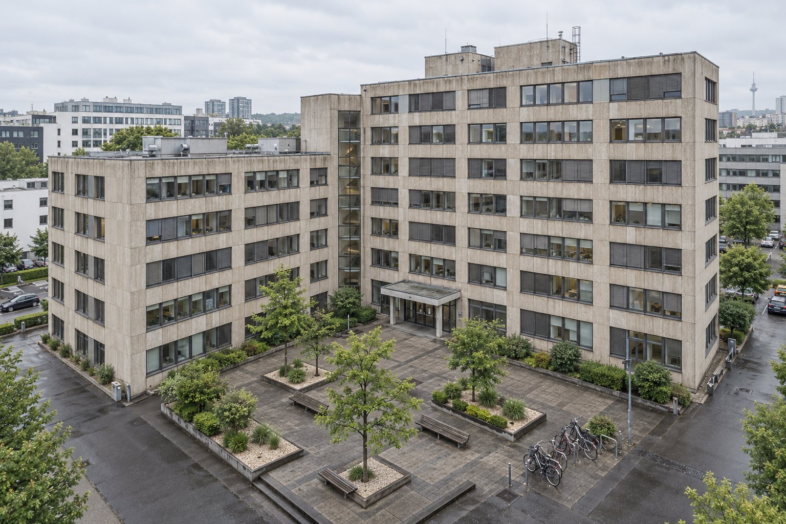 Großes Bürogebäude mit Innenhof und Technik auf dem Dach