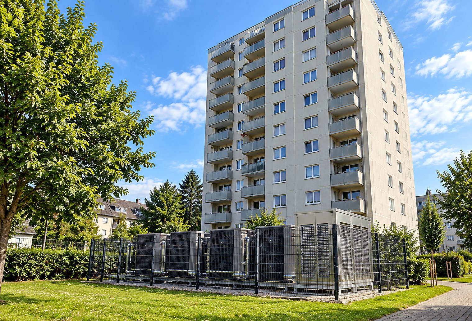 Wohnhochhaus mit eingezäunter Wärmepumpen-Anlage im Garten