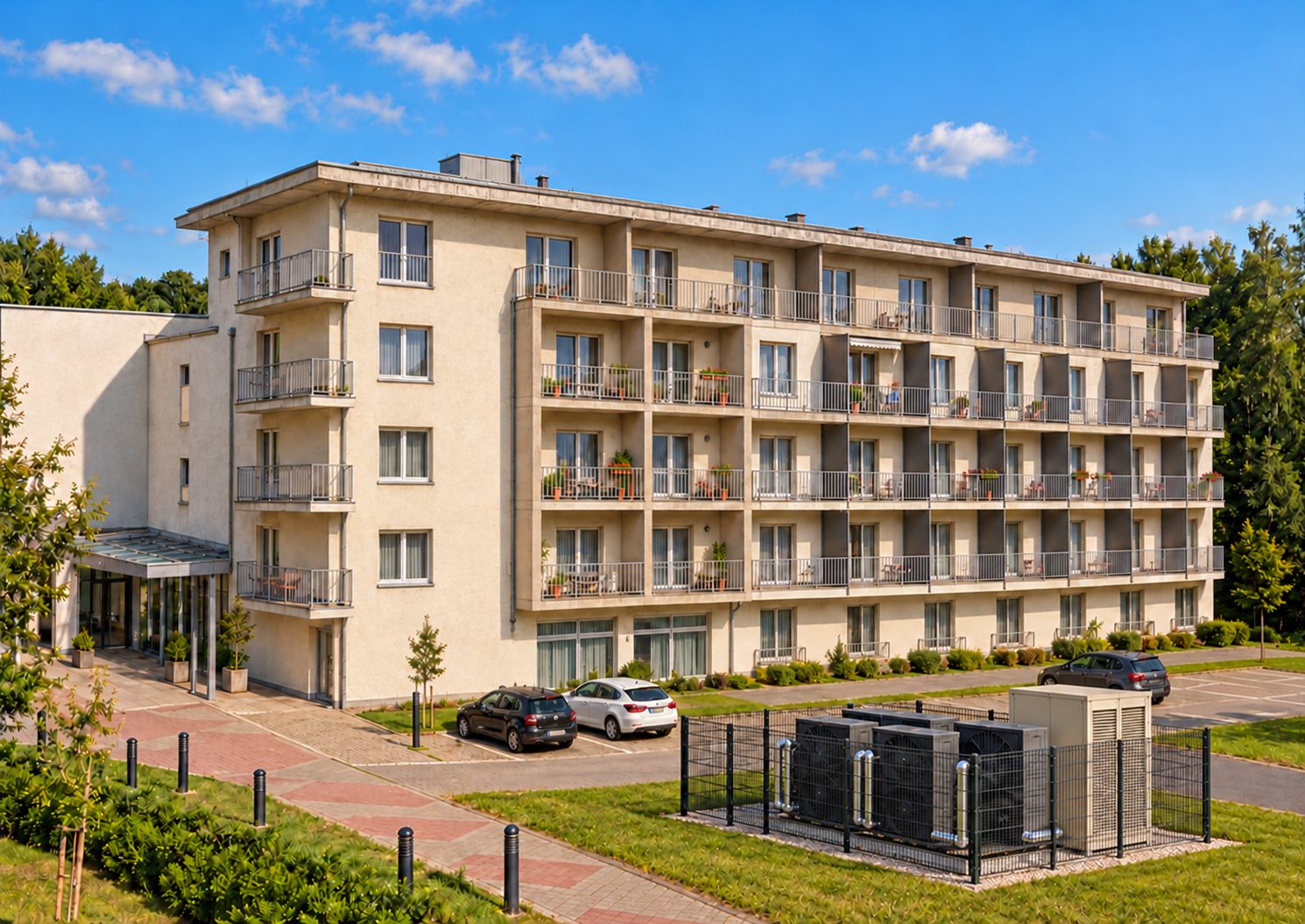 Hotel mit Balkonen und eingezäunter Wärmepumpen-Anlage auf dem Parkplatz